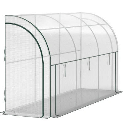 Outsunny Walk-in Lean-to Greenhouse, Outdoor Gardening Green House with Zipper Roll-up Doors and Window, 10' x 3' x 5', White