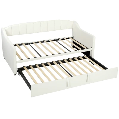 HOMCOM Upholstered Twin Trundle Bed, Extendable Twin to King Day Bed with Headboard and Armrests, Cream White