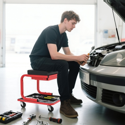 HOMCOM Rolling Garage Stool, 300 LBS Capacity Mechanic Stool with, Tool Trays Storage, Drawer, Black