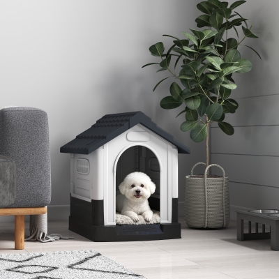 PawHut Outside Dog Kennel House with Windows, Base Support, for Garden Patio, Miniature Dogs, 64.5 x 57 x 66cm, Dark Grey