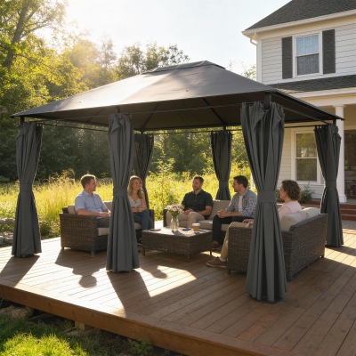 Outsunny 13'x 10' Soft-top Steel Patio Gazebo Canopy Party Tent with 6 Removable Curtains and Drainage Holes, Dark Grey
