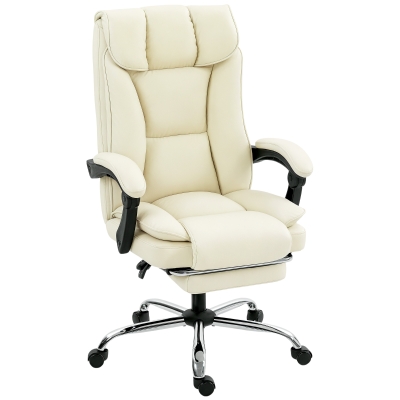 HOMCOM Executive Office Chair, Pet-Friendly Leather Ergonomic Desk Chair with Footrest, Swivel Recliner, Beige