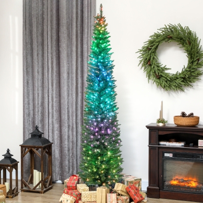 HOMCOM 7.5ft Christmas Tree with Colourful DIY Synchronized LEDs, Hinged Pencil Xmas Tree with Remote, Daily Timer, Green