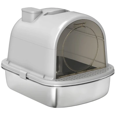 PawHut Enclosed Stainless Steel Litter Box, Metal Cat Litter Box with Scoop, Deodorizer Bag, Handle, Easy to Clean
