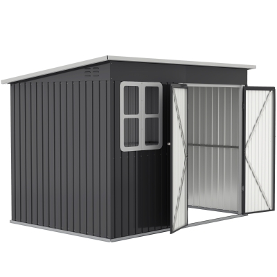 Outsunny 8.5' x 6' Galvanised Steel Outdoor Storage Shed, Garden Shed with Window, Lockable Wide Doors and Air Vents, Dark Grey