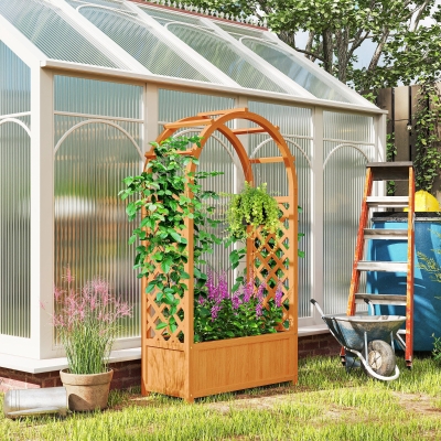 Outsunny Wooden Raised Garden Bed with Arch Trellis, 33" x 14" x 57" Raised Planter Box with Drainage Holes, Trellis Planter for Vine Climbing Plants