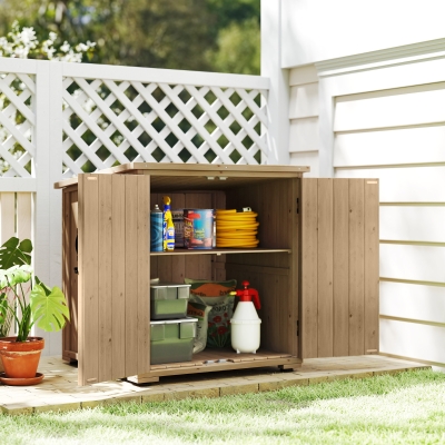 Outsunny Wooden Outdoor Storage Cabinet, Garden Shed Potting Shed with Shelf and Double Doors, Natural