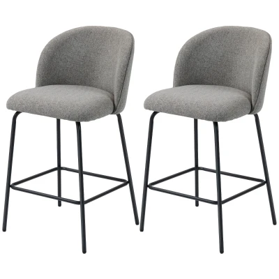 HOMCOM Set of 2 Counter Height Barstools, Upholstered Linen Bar Stools with Backrest, Footrest and Steel Legs, Dark Grey