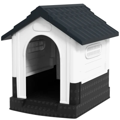 PawHut Outside Dog Kennel House with Windows, Base Support, for Garden Patio, Miniature Dogs, 64.5 x 57 x 66cm, Dark Grey