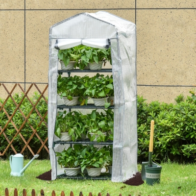Outsunny Portable Greenhouse Outdoor Hot House with 4 Tier Shelves, Steel Frame, PE Cover, 28" x 20" x 63" , White