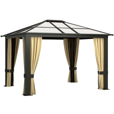 Outsunny 10' x 12' Hardtop Gazebo Canopy with Polycarbonate Roof, Aluminum Frame, Netting, Curtains and Ceiling Hook, Brown