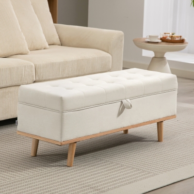 HOMCOM Storage Ottoman Bench, Foot Rest with Lift-Up Lid and Wood Legs, Linen Storage Chest for Living Room, Cream White