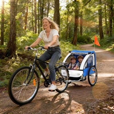 Aosom 2-Seat Child Bike Trailer for Kids with a Strong Steel Frame, 5-Point Safety Harnesses, & Comfortable Seat, Blue