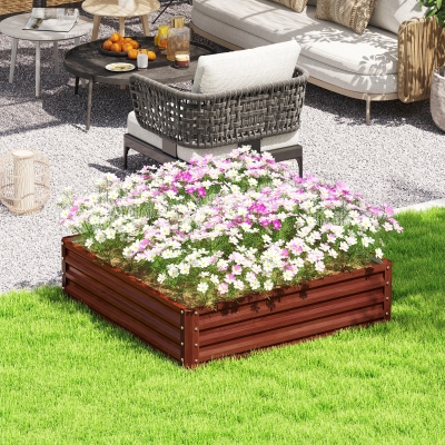 Outsunny 4' x 4' x 1' Raised Garden Bed Galvanized Steel Planter Box for Vegetables, Flowers, Herbs, Dark Brown Wood Effect