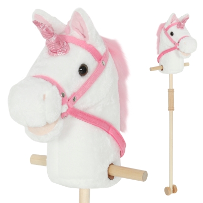 Qaba Unicorn Stick Horse, Plush Hobby Horse with Wood Wheels, Real Pony Neighing and Galloping Sounds, for Kids, White
