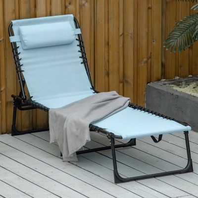 Outsunny Outdoor Folding Lounge Chair, 4-Level Adjustable Chaise Lounge with Headrest, Tanning Chair Beach Bed, Reclining Lounger Cot for Camping, Hiking, Backyard, Light Blue