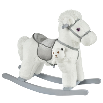 Qaba Kids Rocking Horse Plush Animal on Wooden Rockers with Sounds, Wooden Base and Bear Toy, Baby Rocking Chair, White