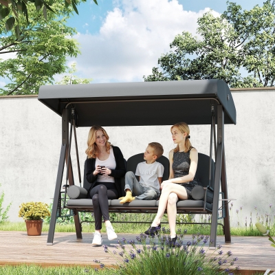 Outsunny Outdoor Patio 3-Person Steel Canopy Cushioned Seat Bench Swing with Included Side Trays & Padded Comfort, Dark Grey