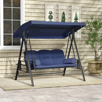Outsunny Outdoor Patio 3-Person Steel Canopy Cushioned Seat Bench Swing with Included Side Trays & Padded Comfort, Dark Blue