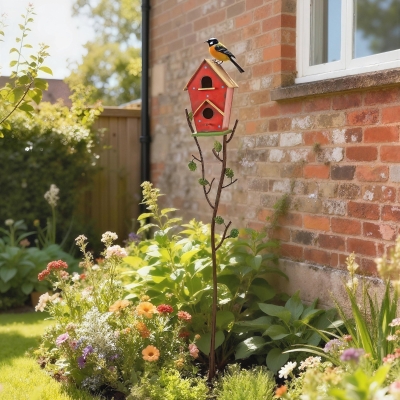 Outsunny 57" Outdoor Bird House with Pole, Metal Bird Houses for Outside, Double-Hole Birdhouse Outdoor Decoration, Red