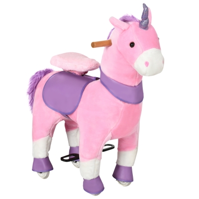 Qaba Ride On Unicorn Walking Horse Mechanical Pony Toy with Wheels Gift for 3-6 Years Girls Boys Pink