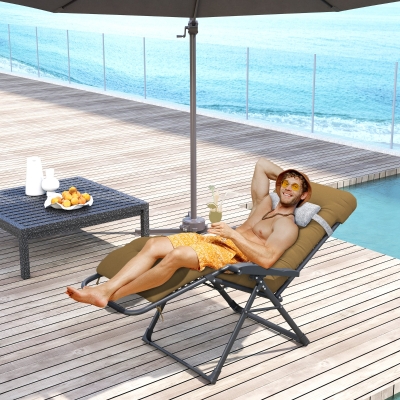 Outsunny Padded Folding Recliner Chair, Patio Lounger with Cupholder, Adjustable Backrest, Removable Cushion, Light Khaki