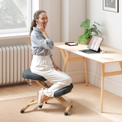 HOMCOM Ergonomic Kneeling Chair, Posture Chair with Rubberwood Frame, Wheels for Office, Posture Correction, Dark Grey