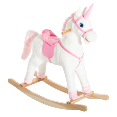 Qaba Kids Plush Toy Rocking Horse Unicorn with Realistic Sounds, White & Pink