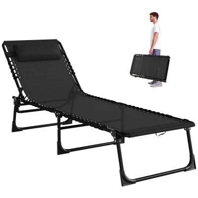 Outsunny Outdoor Folding Lounge Chair, 4-Level Adjustable Chaise Lounge with Headrest, Tanning Chair Beach Bed Reclining Lounger Cot for Camping, Hiking, Backyard, Black