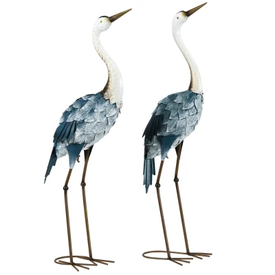 Outsunny Set of 2 Garden Sculptures Crane Statues Lawn Patio Backyard Ornaments, 28.5"-29.1", Blue