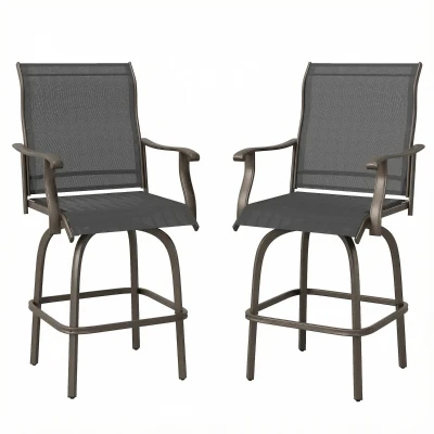 Outsunny Outdoor Bar Stools Set of 2, Swivel Bar Height Chairs with High Back, Curved Armrests and Steel Frame, Black