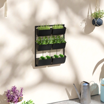 Outsunny 3-Tier Wall Planter with 6 Pots for Indoor and Outdoor Use, Hanging Plant Holder, Self Draining Wall Mounted Planter