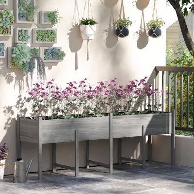 Outsunny Wooden Raised Garden Bed Planter, Large Elevated Planter Box with Legs, Bed Liner and Drain Holes, Grey