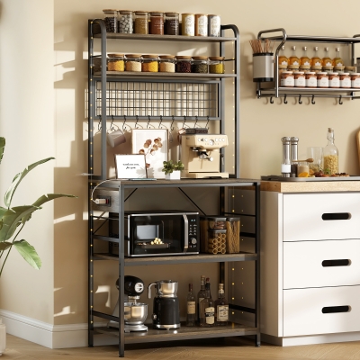 HOMCOM Kitchen Baker's Rack with Power Outlet and LED Light, 5-Tier Coffee Bar Station with 10 Hooks, Grey