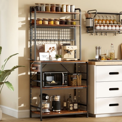 HOMCOM Kitchen Baker's Rack with Power Outlet and LED Light, 5-Tier Coffee Bar Station with 10 Hooks, Rustic Brown