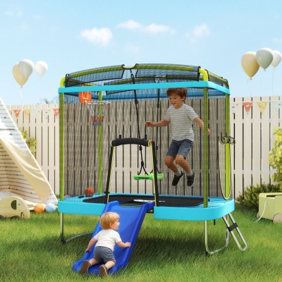 Qaba 70" x 47" Trampoline for Kids Indoor & Outdoor with Slide, Swing, Basketball Hoop and Safety Enclosure, Light Blue