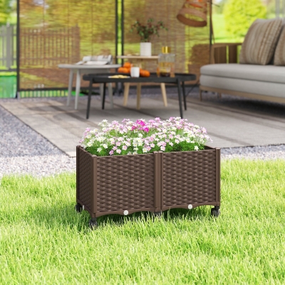 Outsunny Plastic Raised Garden Bed, Indoor Outdoor Self Watering Planter Box with Drainage Holes and Plugs for Flowers