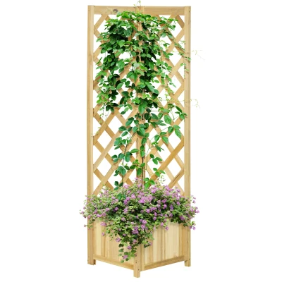 Outsunny Raised Garden Bed Wood Planter with Trellis for Vine Climbing, 16" x 16" x 57", Natural