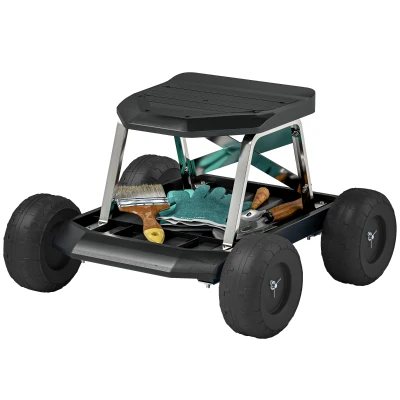 Outsunny Garden Seat with Wheels, Rolling Garden Stool with Tool Tray, Cart for Outdoor Work, 19.7" x 19.3" x 12.6", Black