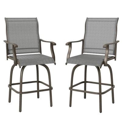 Outsunny Outdoor Bar Stools Set of 2, Swivel Bar Height Chairs with High Back, Curved Armrests and Steel Frame, Light Grey
