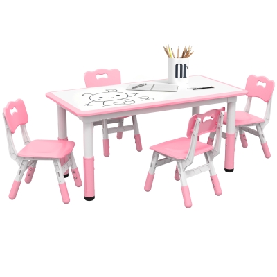 Qaba Kids Table & Chair Set, 5-Piece Adjustable Height, Pink