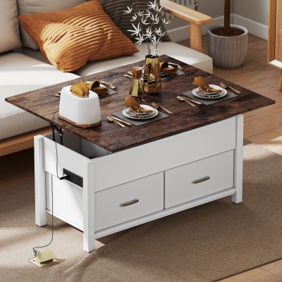 HOMCOM Lift Top Coffee Table, Center Table with 3 Hidden Compartments, 2 Fabric Drawers, Expandable Top and Charging Station