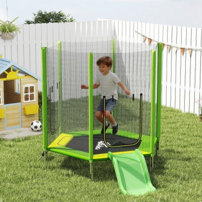 Qaba 85" Trampoline for Kids with Safety Enclosure, Toddler Trampoline with Slide Ladder for Ages 3+, Green
