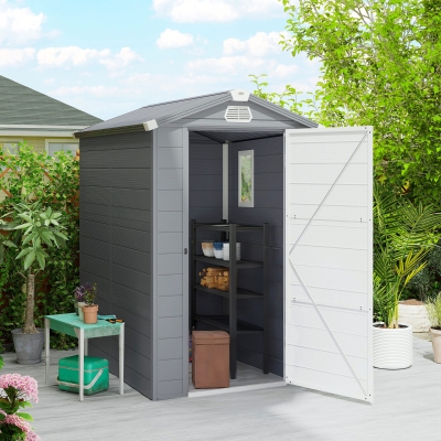 Outsunny 4.5' x 6' Plastic Garden Storage Shed with Latch Door, Vents, Sloped Roof, Dark Grey
