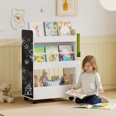 Qaba Kids Bookshelf, Kids Bookcase with Wheels & Blackboard, for Nursery, Kids Room, Playroom, for 3-8 Years