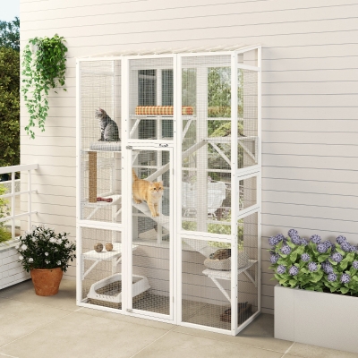 PawHut Wooden Catio Outdoor Cat Enclosure with 6 Jumping Platforms, Scratching Post, 2 Ramps, Waterproof Roof, White