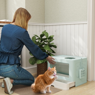 PawHut Cat Litter Box, Front Enter & Top Exit Cat Litter Tray with Scoop, Pull-out Tray, Easy to Clean, Green