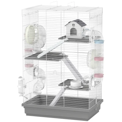 PawHut 4-Level Large Hamster Cage with DIY Tubes, Water Bottle, Food Dish, Hut, Exercise Wheels, Grey