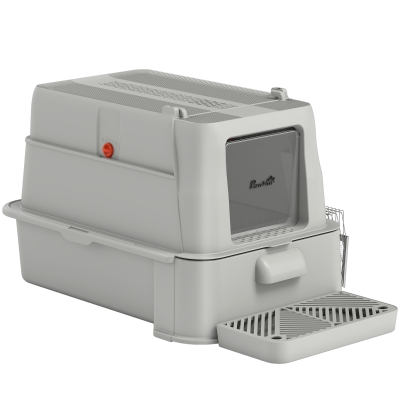 PawHut 80L XL Stainless Steel Cat Litter Box for Big Cats with Flip Cover, Pull-Out Drawer Tray, High Sided, Pedal, Light Grey