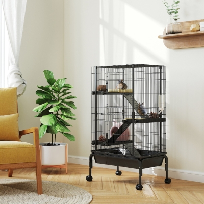 PawHut 47"H Ferret Cage, Large 4-Tier Guinea Pig Cage with Wheels, Ramps, Bowl, Water Bottle & Removable Tray, Black